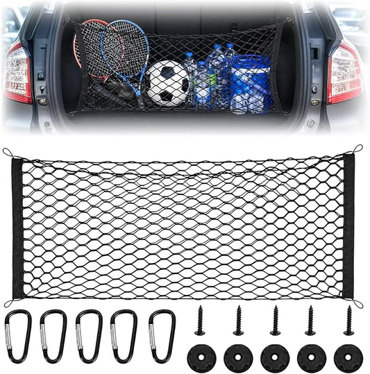 Stretchable Elastic Trunk Cargo Net with 4 Heavy-Duty Hooks, Adjustable Car Storage Net for SUVs, Trucks, and Hatchbacks, Secures Luggage, Groceries, and Tools from Shifting