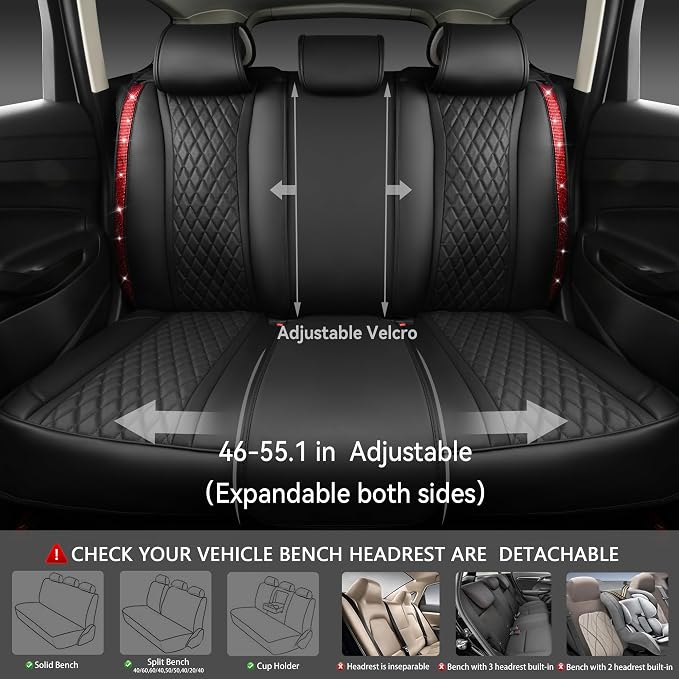 CAR PASS Nappa Leather Bling Diamond Black Red Seat Covers Full Set, Waterproof Calfskin Heavy-Duty Anti-Slip, Universal Fit for 95% Auto SUV Sedan Truck, Glitter Sparkle Shining (Red Rhinestone)