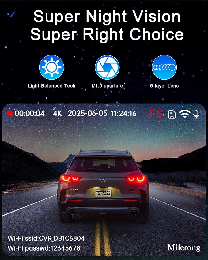 4K Dash Cam Front and Rear Camera with Voice Control | Car Cameras Dashcam for Cars with WiFi, GPS, 64G Card, 24H Parking Monitor, G-Sensor,IR Night Vision,Loop Recording