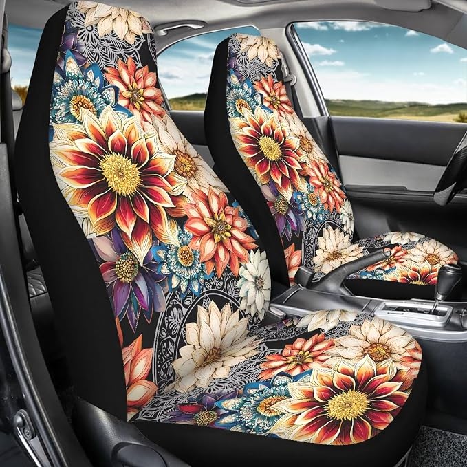 Dahlia Flowers Blossom Car Seat Covers for Front Seats Ethnic Style Bucket Seat Covers Universal Fit for SUV Truck Sedan Front Seat Protector,2 Piece Set