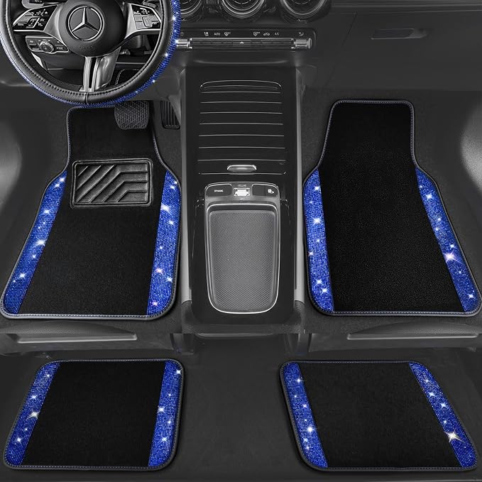 CAR PASS Bling Rhinestones Diamond Car Floor Mat,Sparkly Glitter Shining Crystal Carpet Anti-Slip PVC Heel Pad Waterproof Universal for Automotive SUV,Sedan,Van,4pcs Girl Pretty Women Men Black Blue