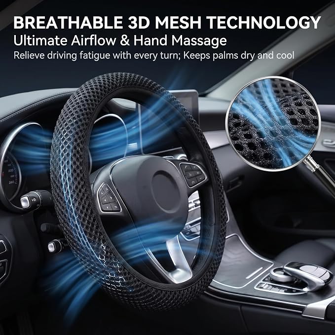 Car Steering Wheel Cover, Breathable Ice Silk Steering Wheel Cover, Elastic Stretch Anti-Slip Wheel Protector, Auto Interior Protection for 14.5" & 15", Fit for SUV Sedan Truck (Black)