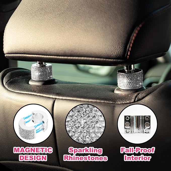 Rislobx 4PCS Magnetic Car Headrest Collars, Rhinestone Car Head Rest Collars Rings Decor, Bling Car Accessories for Women, Interior Decor Car SUV Truck (White)