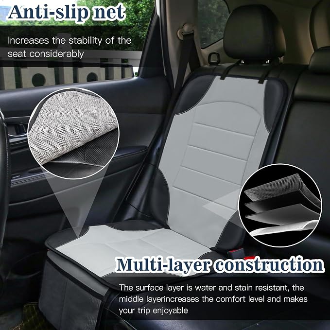 Sinvitron Car Seat Protector for Child Car Seat - Waterproof Non-Slip Leather Mat with 2 Mesh Pockets, Universal Seat Cover for Baby, Pets & Vehicles(2-Pack, Grey)