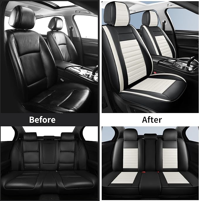 HChengkikz Car Seat Cover, Faux Leather, Waterproof (Black + White) | Breathable, Airbag Compatible, Easy Maintenance, Universal Fit for Most Sedans SUVs Pick-ups Trucks