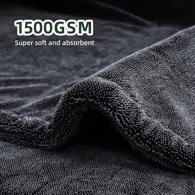 2 Pack 1500GSM Microfiber Drying Towel for Car 24"x36" & 11.8"x11.8"(Grey) | Ultra Absorbent Streak-Free Lint Free Twisted-Loop Cleaning Cloth for Cars Motorcycles Windows Kitchen