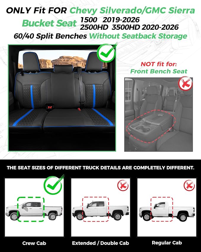Custom Leather Seat Covers for 2019-2026 Sierra/Silverado 1500 | Only Crew Cab, Fits 2500/3500HD 2020-2026, no Rear Armrest/Seatback Storage, Waterproof, Scratch-resistant, Easy-clean