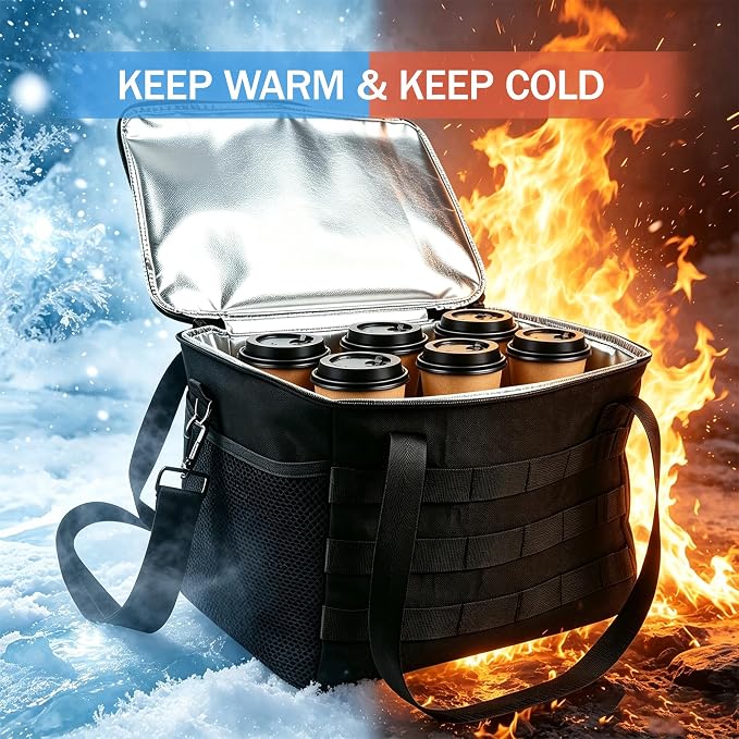 Tactical Reusable 6 Cups Drink Carrier,Insulated Caddy Foldable Cup Holder | MOLLE System,Clear order window. 6 adjustable dividers.Tip-Resistant No-Spill,For Car, Camping, Travel,Delivery