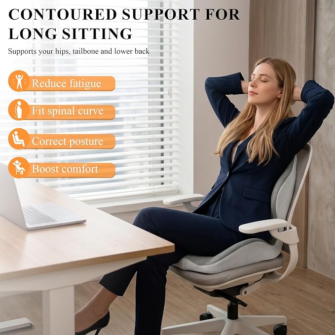 Ergonomic Seat Cushion with Back Support, L-Shaped Memory Foam Seat Cushion with Coccyx Cutout and Non-Slip Base for Office Chair, Car, Truck and Gaming Chair, Black/Gray