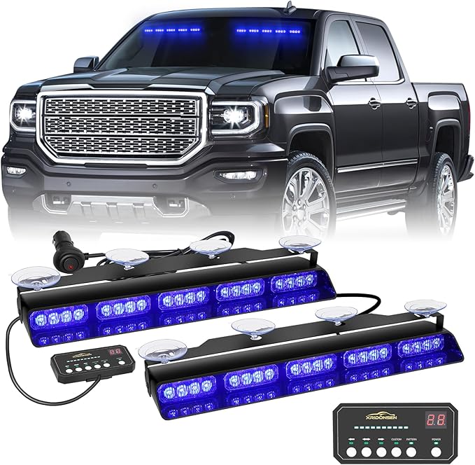 XRIDONSEN 2x 17 inch Blue Emergency Lights 40 LED Dash Strobe Lights | Interior Front/Rear Safety Flashing Warning Hazard Windshield Light Bar for Vehicles Trucks Car