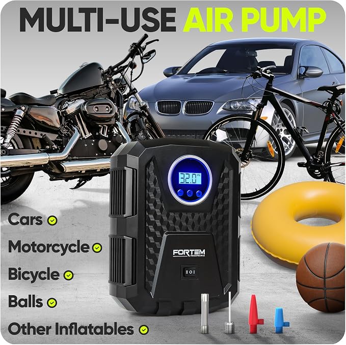FORTEM Tire Inflator Portable Air Compressor, Air Pump for Car Tires and Bikes, Car Tire Pump w/Auto Shut Off, 150 PSI, 12V DC, LED Light, Carrying Case, Perfect For Men, Women
