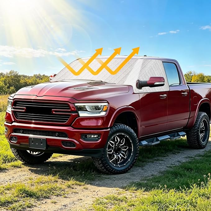 Windshield Sun Shade for 2019-2026 Dodge Ram 1500, External 5-Layer Reflective Sunshade for 2019-2026 Dodge Ram 1500