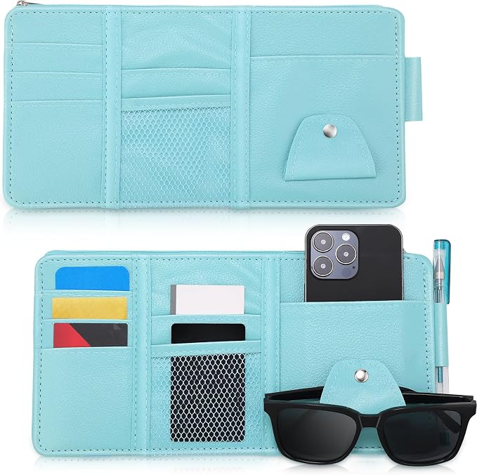 Boao 2 Packs Car Sun Visor Organizer, Sunglasses Holders for Car Sun Visor PU Auto Interior Accessories Storage Travel Document Holder with Multi Pocket (Blue, 12.2 x 6.1 Inches)