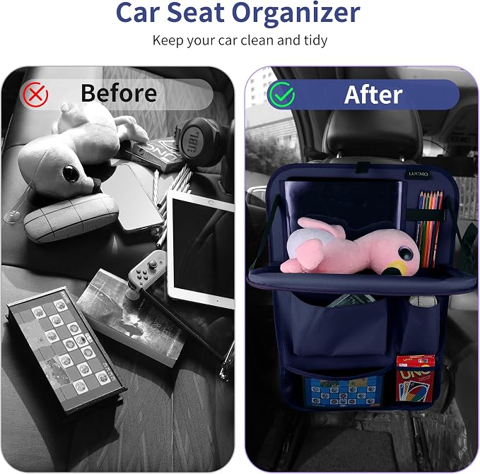 LUCMO Car Backseat Organizer with Foldable Tablet Holder, Dark Blue | 2 Pcs,6 Storage Pockets,Foldable Food Tray,Protectors Kick Mats,Travel Accessories,Seat Cover,Road Trip Essentials
