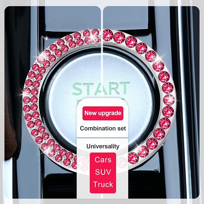 LivTee 2 PCS Crystal Combinatorial Rhinestone Car Engine Start Decoration Ring, Push to Start Button Cover Sticker, Bling Car Interior Accessories for Women, Automotive Decals, Red