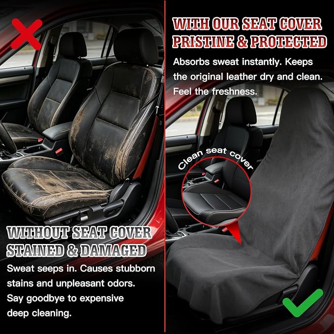 Towel Car Seat Covers for Sweat Protection, GRS Certified Recycled Microfiber Absorbent Front Seat Protector, Non-Slip Washable Universal Fit for Sedans SUV Minivans(2 Pack,Gray)