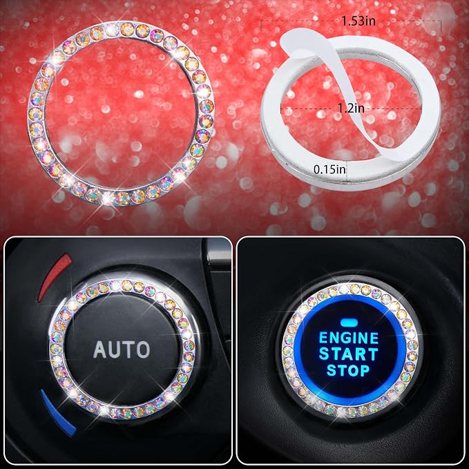 CAR PASS 23 PCS Bling Diamond Car Accessories Set for Women, Leather Car Seat Covers Full Set Sparkly Rhinestone15'' Steering Wheel Covers Shining Diamond Floor Mats Car Interior Sets, Multicolor