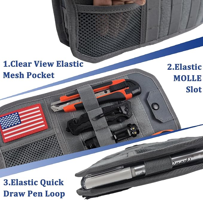 Car Sun Visor Organizer with 2 USA Flag Patches, 1000D Polyester, Large Capacity MOLLE Panel, Zipper Pocket, Fits SUVs, Trucks, Sedans, Police Gear & Overlanding (Gray)