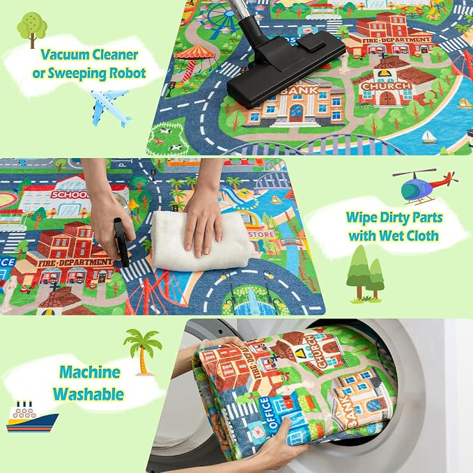 Car Rug Play Mat for Kids Toy Cars, Road Traffic Playmat for Kid Bedroom, Non-Slip Machine Washable Town City Race Track Carpet for Learn and Have Fun 3'x4'/ 36"x48"