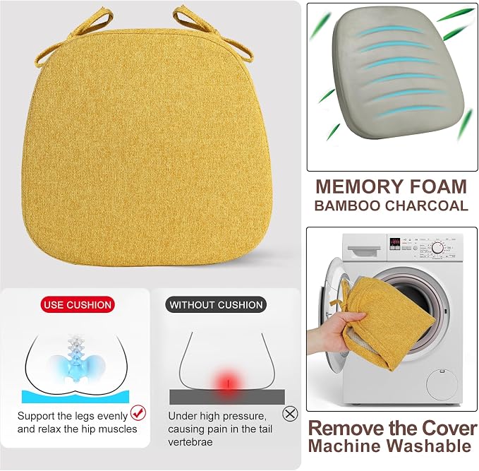 SINOSSO 4 Pack Memory Foam Chair Cushions for Dining Chairs, Friendly Woven Fabric 16" U-Shape Comfortable Kitchen Chair Pads, Removable Slip Resistant Seat Cushions (Set of 4, Yellow)