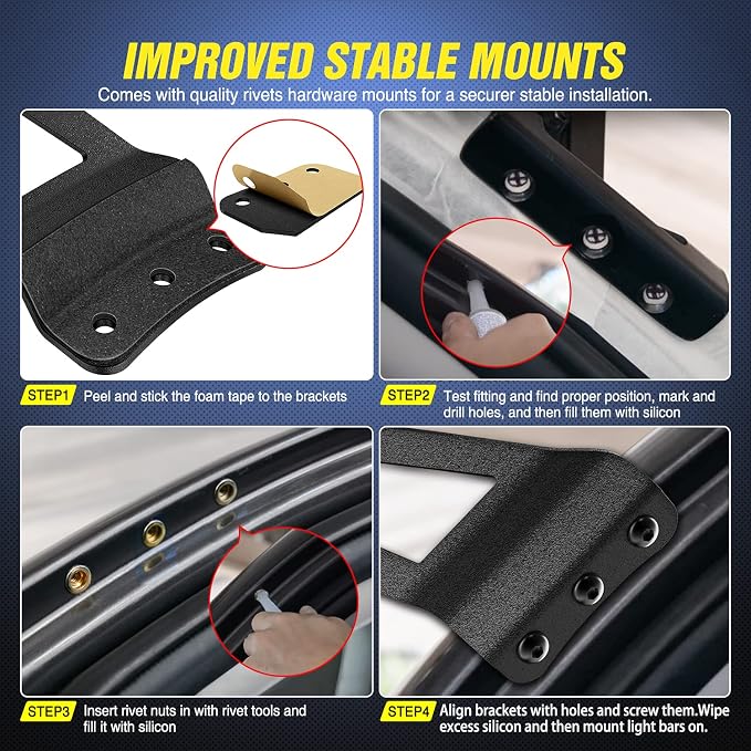 Nilight 2PCS 52” Curved LED Light Bar Bracket at Upper Windshield Roof Cab for 07-13 Chevy Silverado Suburban Avalanche Tahoe & GMC Yukon Sierra