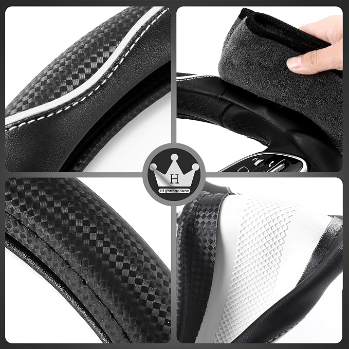 HighnessHwoo 3D Car Steering Wheel Cover Comfort Grip Massage Sporty Anti-Slip Carbon Fiber Faux Leather for F150, Trucks, Jeep, Van, Car Handle Covers for All Seasons, 15.2-16in, White