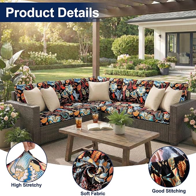 Smiry Waterproof Patio Cushion Covers, Stretch Outdoor Couch Slipcovers Replacement Washable Furniture Protector Sofa Chair Seat Cover for Dogs and Pets (8 Pcs, Black and Orange)