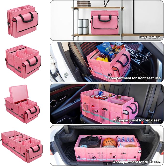 GDNasist Car Trunk Organizer and Storage with Lid & Removable Cooler Bag, Car Accessories 6 Removable Dividers for Custom Space, Collapsible Trunk Organizers Interior for SUV & Sedan, Large