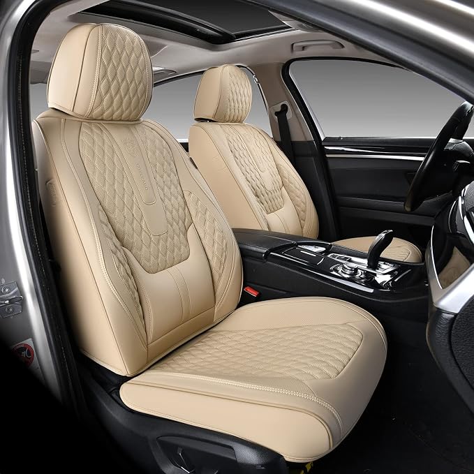 Coverado Front Seat Covers, Car Seat Covers Front Seats, Nappa Leather Seat Covers for Cars, Waterproof Seat Covers with Lumbar Support Universal Fit for Most Cars SUV Trucks (Front, Beige)