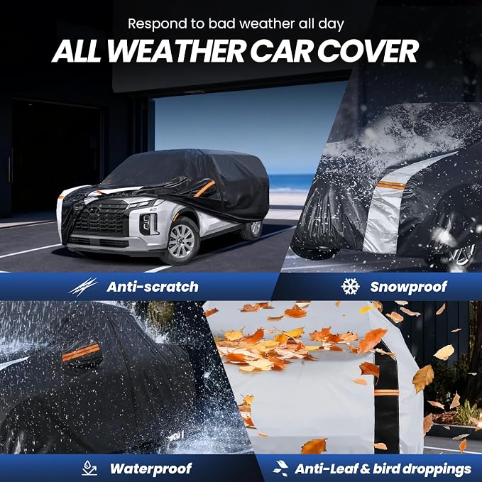 Multi-Layer Car Cover Custom Fit for Hyundai Palisade(2018-2026), 100% Waterproof All Weather for Automobiles, Gift with Towel, Heavy Duty Car Covers for Rain Sun UV Protection with Door Zipper