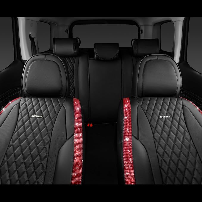 CAR PASS Nappa Leather Bling Diamond Black Red Seat Covers Full Set, Waterproof Calfskin Heavy-Duty Anti-Slip, Universal Fit for 95% Auto SUV Sedan Truck, Glitter Sparkle Shining (Red Rhinestone)