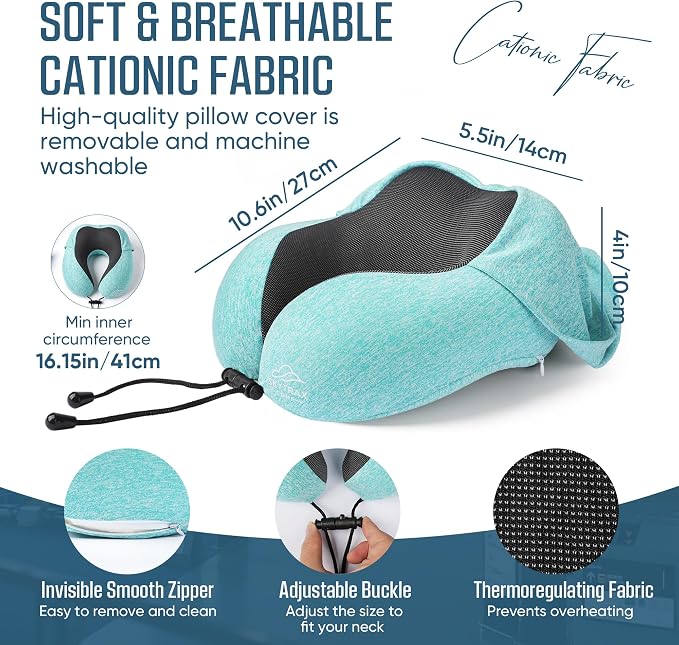 SkytraxComf® Travel Neck Pillow with Hood for Privacy on Long Flights | Memory Foam | Airplane Sleep | Safety-Tested Materials | Extra Large Hood | Chin Support | Earplugs | Washable Cover