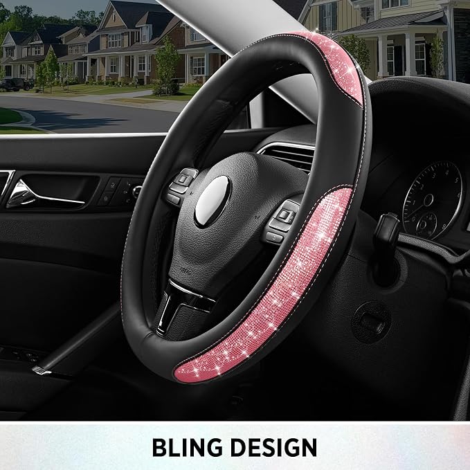 Road Comforts Pixel Glitter Steering Wheel Cover, 14.5–15 Inch Leather Steering Wheels Snug Fit, Anti-Slip Leather Grip, Elegant Sparkle Design, Universal Fit - Pink