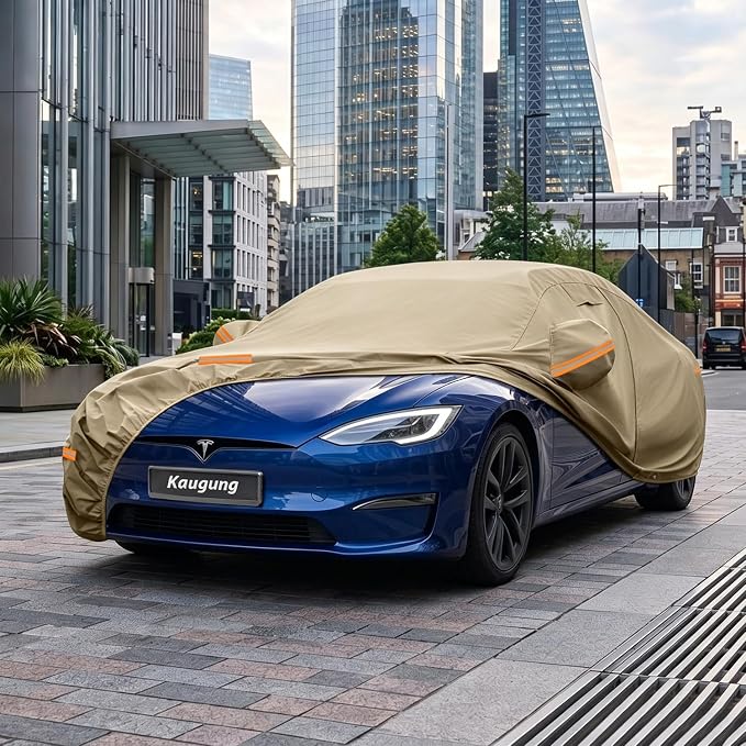 Kaugung Custom Fit Car Cover for Tesla Model S (2012-2026), Heavy Duty All Weather Waterproof Outdoor Cover, Sun Rain UV Protection with Driver Door Zipper, Mirror Pockets, Vents & Charging Port