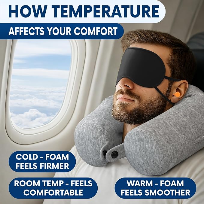 Twist Memory Foam Neck Pillow Travel Airplane, Car & Train - Adjustable & Bendable Airplane Pillow for Long Flight, Breathable, Washable Cotton Cover, Eye Mask & Earplugs | Neck, Chin & Lumbar Support