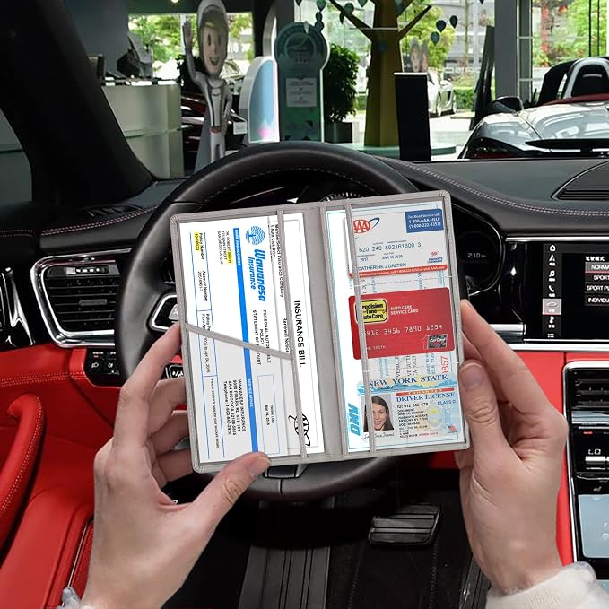 TOURSUIT Car Registration & Insurance Card Holder, Grey | Vehicle License Document Organizer, Glove Box Compartment, Interior Car Accessories, For Women Men