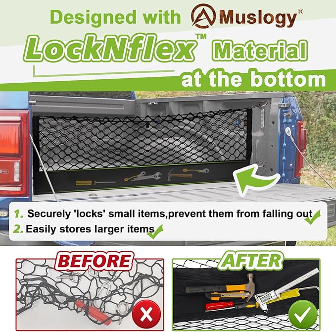 Muslogy Truck Bed Cargo Net Trunk Netting Compatible with Dodge Ram 1500 2019-2025 2026 Accessories, Pickup Cargo Organizer SUV Sedan Storage Net w/Heavy Duty Carabiners