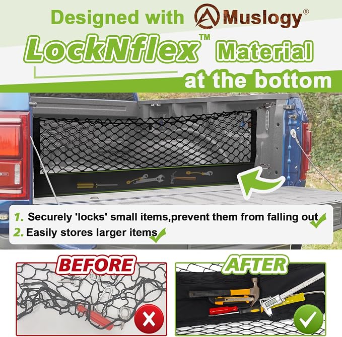 Muslogy Truck Bed Cargo Net Trunk Netting Compatible with Toyota Tacoma 2005-2022 2023 Accessories, Pickup Cargo Organizer SUV Sedan Storage Net w/Heavy Duty Carabiners