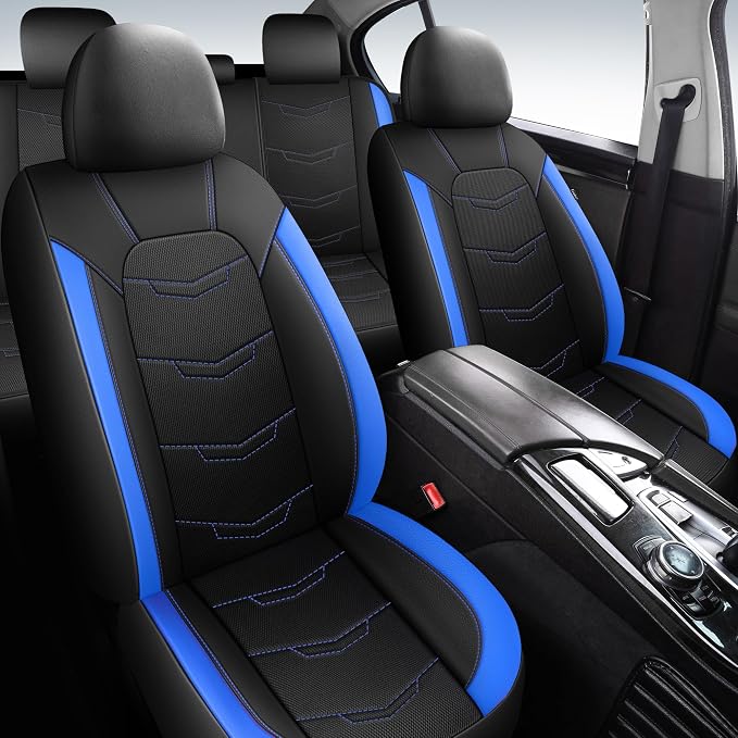 HChengkikz Car Seat Cover, Breathable and Sporty (Black + Blue) | Leather, Universal Fit for Most SUVs, Cars, Sedans, Trucks, Airbag Compatible, Easy to Install