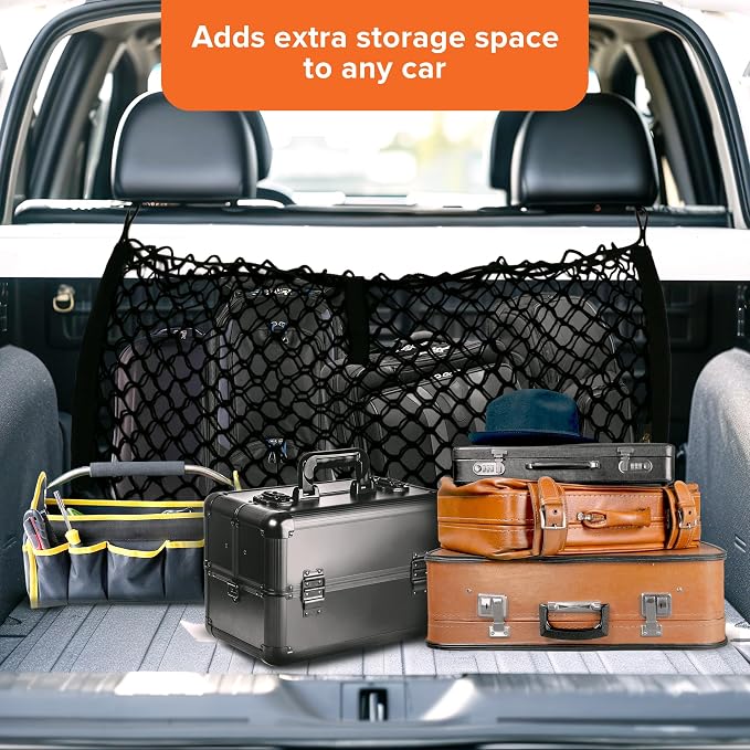 Armor All Cargo Net Organizer, 12” x 31” Inch Expandable up to 47” Inches, Super-Durable Nylon Material, Attaches to Headrest Post, Stretchable Net Car Trunk Organizer with Mesh Pocket, Universal Fit