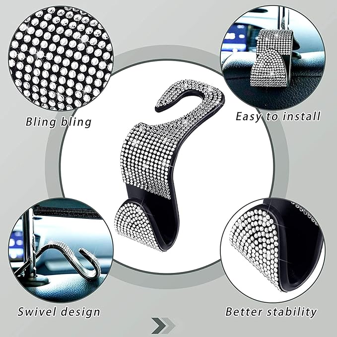 Bling Rear View Mirror Car Accessories, Sparkling Diamond Rear View Mirror Cover with 2 PCS Universal Car Hooks, Cute Car Bling Accessories for Women