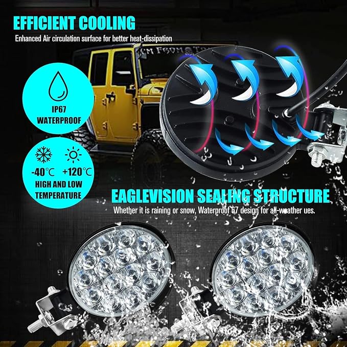 EJ's SUPER CAR Led Round Light Bar 4PCS 3.3" 42w 10000LM Flood Light Pod Off Road Fog Driving Roof Bar Bumper for Jeep,SUV Truck, Hunters