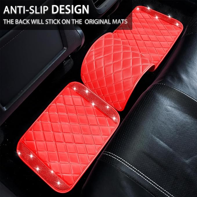 NBTEPEM Bling Leather Car Floor Mats Full Set, Sparkly Diamond Car Mats Universal Fit Most Automotive, Glitter Rhinestone Carpet Waterproof Anti-Slip (Red Leather Diamond)