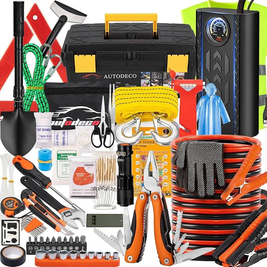98 PCS Roadside Car Emergency Assistance Kit with Portable Air Compressor Jumper Cables Safety Hammer All in One Pliers Tool Set（Orange）