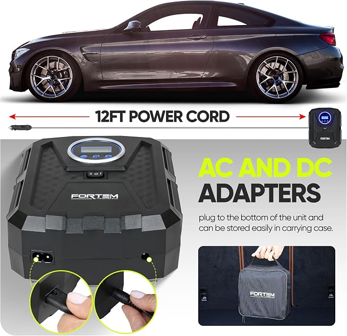 FORTEM Tire Inflator Portable Air Compressor, Air Pump for Car Tires and Bikes, Car Tire Pump w/Auto Shut Off, 150 PSI, 110V AC 12V DC, LED Light, Carrying Case, Perfect For Men, Women