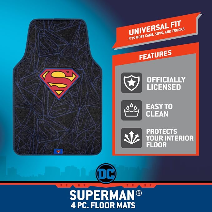 Warner Bros DC Comics Superman 4pc Carpet Floor Mats Car Accessories - Set for Car, Truck, Van, SUV - No-Slip Grip - Universal Fit Front 26" x 16.5", Rear 14" x 16.5"
