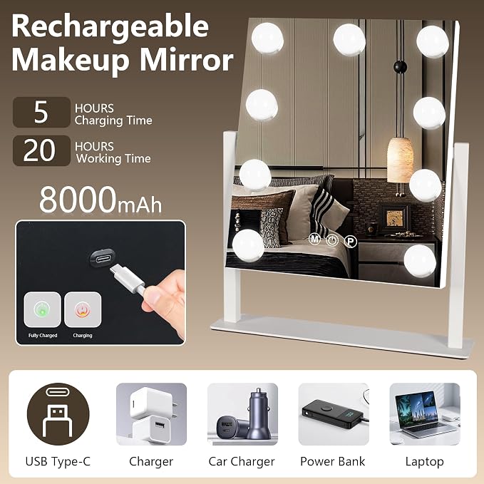 Ratsamee Rechargeable Hollywood Vanity Mirror with Lights, 13"×15" LED Makeup Mirror, Smart Touch Control, Makeup Mirror for Bedroom, Vanity Desk, Beauty Routine