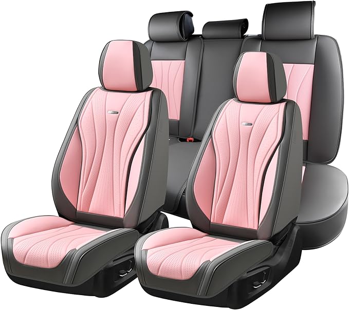 Coverado Car Seat Covers Full Set, Universal Seat Cover for Cars, Luxury Faux Leather Seat Covers, Car Seat Protector Waterproof, Automotive Seat Cover, Car Seat Cushions Fit for Most Cars (Gray&Pink)