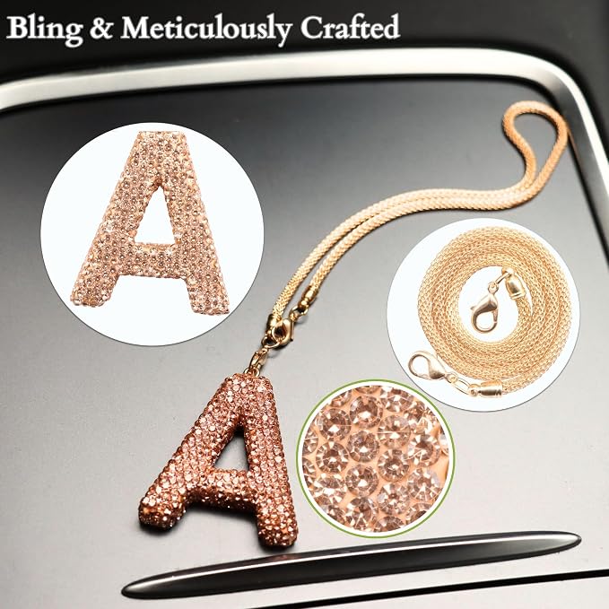 Bling Car Accessories for Women Letter Charm, Rainbow Crystal Rearview Mirror Pendant, Cute Diamond Rhinestone Car Decor, Lucky Gift for Women(A, Champagne Gold)
