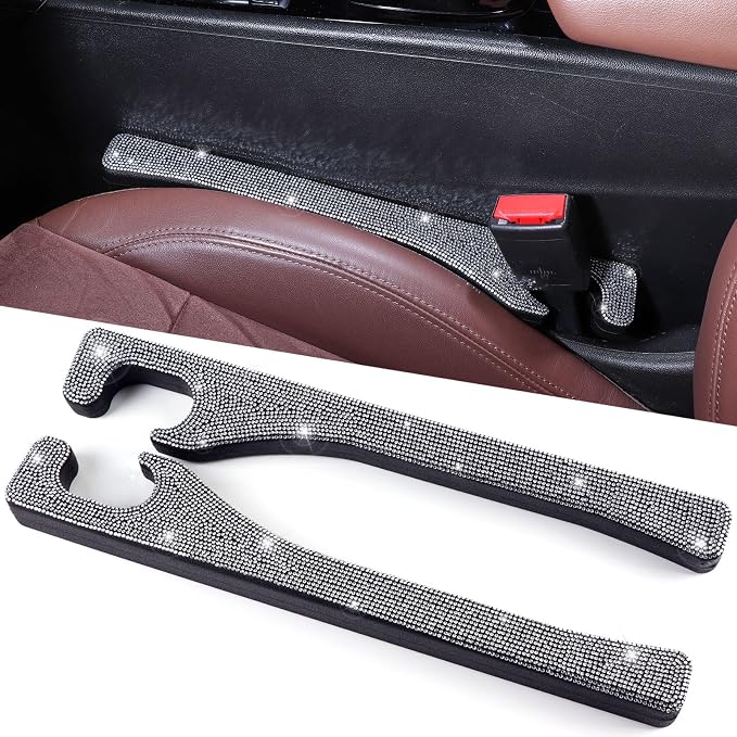 Briwill Bling Car Seat Gap Filler, 2 Pack Universal Fit for Car SUV Truck Handmade Crystal Rhinestone Diamond Car Gap Filler Bling Car Accessories for Women(Silver)